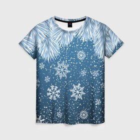 Женская футболка 3D с принтом Снежное Настроенние в Кировске, 100% полиэфир ( синтетическое хлопкоподобное полотно) | прямой крой, круглый вырез горловины, длина до линии бедер | елочные иголки | новый год | рисунок | снег | снежинки