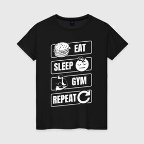 Женская футболка хлопок с принтом Eat Sleep Gym Repeat в Кировске, 100% хлопок | прямой крой, круглый вырез горловины, длина до линии бедер, слегка спущенное плечо | eat sleep | gym repeat | бодибилдинг | качалка | мотивация | спорт | фитнес