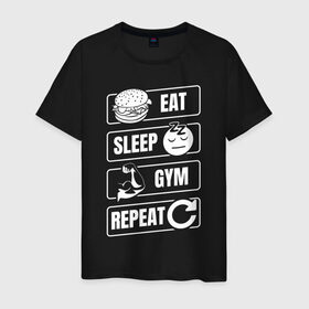 Мужская футболка хлопок с принтом Eat Sleep Gym Repeat в Кировске, 100% хлопок | прямой крой, круглый вырез горловины, длина до линии бедер, слегка спущенное плечо. | Тематика изображения на принте: eat sleep | gym repeat | бодибилдинг | качалка | мотивация | спорт | фитнес