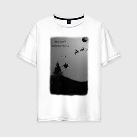Женская футболка хлопок Oversize с принтом Merry Christmas в Кировске, 100% хлопок | свободный крой, круглый ворот, спущенный рукав, длина до линии бедер
 | белый | ёлка | луна | новый год | черный