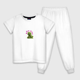 Детская пижама хлопок с принтом Кермит и сердечки в Кировске, 100% хлопок |  брюки и футболка прямого кроя, без карманов, на брюках мягкая резинка на поясе и по низу штанин
 | 