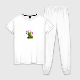 Женская пижама хлопок с принтом Кермит и сердечки в Кировске, 100% хлопок | брюки и футболка прямого кроя, без карманов, на брюках мягкая резинка на поясе и по низу штанин | 