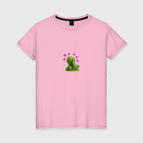 Женская футболка хлопок с принтом Кермит и сердечки в Кировске, 100% хлопок | прямой крой, круглый вырез горловины, длина до линии бедер, слегка спущенное плечо | 