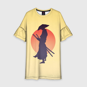 Детское платье 3D с принтом Ронин в Кировске, 100% полиэстер | прямой силуэт, чуть расширенный к низу. Круглая горловина, на рукавах — воланы | Тематика изображения на принте: bushido | japan | japanes | katana | ronin | samurai | sword | бусидо | воин | восходящее солнце | катана | кимоно | меч | мечник | рассвет | ронин | самурай | самурайский | силуэт | силуэт воина | солнце | якудза | японец
