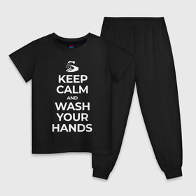 Детская пижама хлопок с принтом Keep Calm and Wash Your Hands в Кировске, 100% хлопок |  брюки и футболка прямого кроя, без карманов, на брюках мягкая резинка на поясе и по низу штанин
 | Тематика изображения на принте: keep calm | защита | коронавирус | мойте руки | самоизоляция | стоп ковид