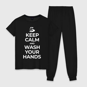 Женская пижама хлопок с принтом Keep Calm and Wash Your Hands в Кировске, 100% хлопок | брюки и футболка прямого кроя, без карманов, на брюках мягкая резинка на поясе и по низу штанин | keep calm | защита | коронавирус | мойте руки | самоизоляция | стоп ковид