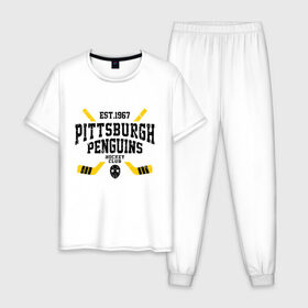 Мужская пижама хлопок с принтом Питтсбург Пингвинз в Кировске, 100% хлопок | брюки и футболка прямого кроя, без карманов, на брюках мягкая резинка на поясе и по низу штанин
 | Тематика изображения на принте: hockey | nhl | penguins | pittsburg | pittsburgh | pittsburgh penguins | usa | нхл | пингвинз | питтсбург | питтсбург пингвинз | спорт | сша | хоккей | шайба