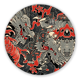 Коврик для мышки круглый с принтом Самурай (Якудза, драконы) в Кировске, резина и полиэстер | круглая форма, изображение наносится на всю лицевую часть | буси | воины рыцари | драконы | сабурау | самурай | якудза