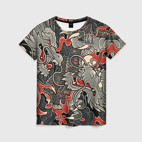 Женская футболка 3D с принтом Самурай (Якудза, драконы) в Кировске, 100% полиэфир ( синтетическое хлопкоподобное полотно) | прямой крой, круглый вырез горловины, длина до линии бедер | буси | воины рыцари | драконы | сабурау | самурай | якудза