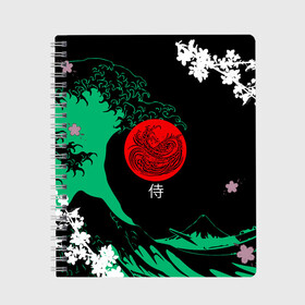 Тетрадь с принтом Japanese style в Кировске, 100% бумага | 48 листов, плотность листов — 60 г/м2, плотность картонной обложки — 250 г/м2. Листы скреплены сбоку удобной пружинной спиралью. Уголки страниц и обложки скругленные. Цвет линий — светло-серый
 | ninja | samurai | больгая волна | дракон | иероглиф | ниндзя | природа | самурай | япония | японское искусство