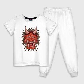Детская пижама хлопок с принтом Oni demon samurai mask в Кировске, 100% хлопок |  брюки и футболка прямого кроя, без карманов, на брюках мягкая резинка на поясе и по низу штанин
 | Тематика изображения на принте: art | cyberpunk samurai | ninja | oni | ronin | samurai | shogun | yakuza | арт | воин | воитель | демон | киберпанк самурай | мерч | мужик | мужчина | они | путь воина | путь война | ронин | сёгун | сепукку | токио | черный самурай