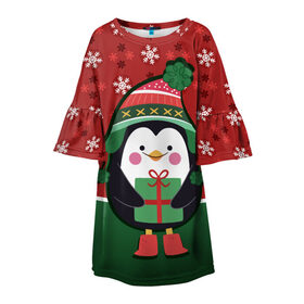 Детское платье 3D с принтом Пингвин. Новый год в Кировске, 100% полиэстер | прямой силуэт, чуть расширенный к низу. Круглая горловина, на рукавах — воланы | зима | новый год | паттерн | пингвин | подарок | праздник | снежинки