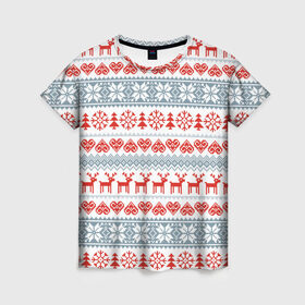 Женская футболка 3D с принтом Новогодний пиксельный узор в Кировске, 100% полиэфир ( синтетическое хлопкоподобное полотно) | прямой крой, круглый вырез горловины, длина до линии бедер | Тематика изображения на принте: christmas | deer | hearts | new year | pattern | pixels | snowflakes | trees | елки | новый год | олени | пиксели | рождество | сердечки | снежинки | узор