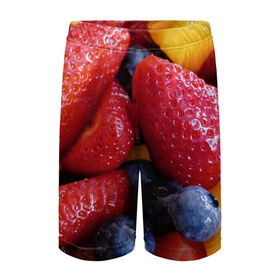 Детские спортивные шорты 3D с принтом Фругтово-ягодное изобилие в Кировске,  100% полиэстер
 | пояс оформлен широкой мягкой резинкой, ткань тянется
 | Тематика изображения на принте: еда | клубника | манго | фрукт | фрукты | черника | ягода | ягоды