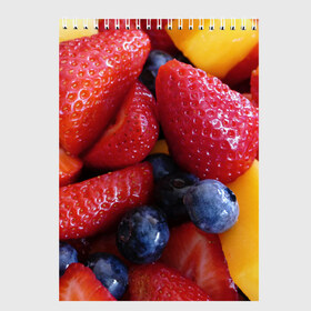 Скетчбук с принтом Фругтово-ягодное изобилие в Кировске, 100% бумага
 | 48 листов, плотность листов — 100 г/м2, плотность картонной обложки — 250 г/м2. Листы скреплены сверху удобной пружинной спиралью | еда | клубника | манго | фрукт | фрукты | черника | ягода | ягоды