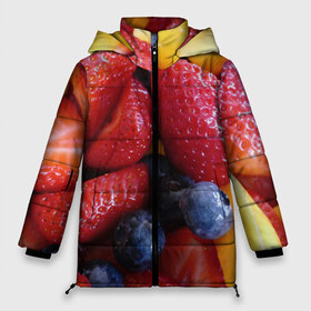 Женская зимняя куртка 3D с принтом Фругтово-ягодное изобилие в Кировске, верх — 100% полиэстер; подкладка — 100% полиэстер; утеплитель — 100% полиэстер | длина ниже бедра, силуэт Оверсайз. Есть воротник-стойка, отстегивающийся капюшон и ветрозащитная планка. 

Боковые карманы с листочкой на кнопках и внутренний карман на молнии | Тематика изображения на принте: еда | клубника | манго | фрукт | фрукты | черника | ягода | ягоды