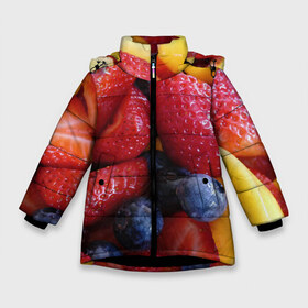 Зимняя куртка для девочек 3D с принтом Фругтово-ягодное изобилие в Кировске, ткань верха — 100% полиэстер; подклад — 100% полиэстер, утеплитель — 100% полиэстер. | длина ниже бедра, удлиненная спинка, воротник стойка и отстегивающийся капюшон. Есть боковые карманы с листочкой на кнопках, утяжки по низу изделия и внутренний карман на молнии. 

Предусмотрены светоотражающий принт на спинке, радужный светоотражающий элемент на пуллере молнии и на резинке для утяжки. | еда | клубника | манго | фрукт | фрукты | черника | ягода | ягоды