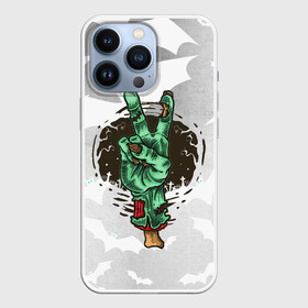 Чехол для iPhone 13 Pro с принтом Zombie peace hand в Кировске,  |  | Тематика изображения на принте: creepy | dead | evil | halloween | hand | zombie | зомби | кости | мертвец | рука | скелет | ужас | ужасы | хоррор | хоррор мерч | хэллоуин