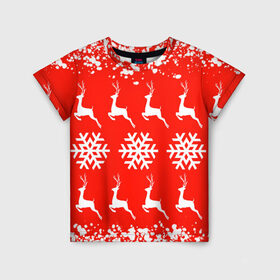Детская футболка 3D с принтом New Year в Кировске, 100% гипоаллергенный полиэфир | прямой крой, круглый вырез горловины, длина до линии бедер, чуть спущенное плечо, ткань немного тянется | christmas toys | deer | new year | red | snow | snowflakes | tree | елка | красный | новогодние игрушки | новый год | олени | свитер с оленями | снег | снежинки | футболка с оленями