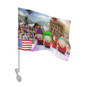 Флаг для автомобиля с принтом Южный Парк / South Park . в Кировске, 100% полиэстер | Размер: 30*21 см | south park | ubisoft | woodland critter christmas | кенни | мультсериал | стэн | южный парк
