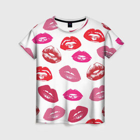 Женская футболка 3D с принтом Губы в Кировске, 100% полиэфир ( синтетическое хлопкоподобное полотно) | прямой крой, круглый вырез горловины, длина до линии бедер | арт | бардовый | губы | косметика | красный | помада | поцелуи | поцелуй | рисунок | розовый