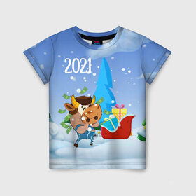 Детская футболка 3D с принтом Новый год 2021 в Кировске, 100% гипоаллергенный полиэфир | прямой крой, круглый вырез горловины, длина до линии бедер, чуть спущенное плечо, ткань немного тянется | 2021 | 7 января | bull | newyear | santa | бык | быки | бычок | год быка | дед мороз | корова | новогодние каникулы | новогодние праздники | новый 2021 | новый год | новый год 2021 | рождество | сани | санта | санта клаус