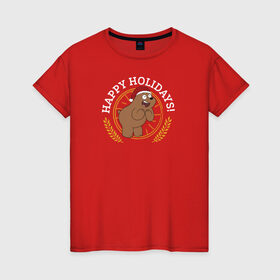 Женская футболка хлопок с принтом Happy holidays! в Кировске, 100% хлопок | прямой крой, круглый вырез горловины, длина до линии бедер, слегка спущенное плечо | cartoon network | grizz | vdkimel | we bare bears | вся правда о медведях | гризли