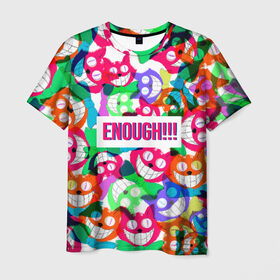 Мужская футболка 3D с принтом ENOUGH! в Кировске, 100% полиэфир | прямой крой, круглый вырез горловины, длина до линии бедер | cat | colorful | достаточно | кот | красочная | пестрая | улыбающийся кот | хватит | цветастая | цветная | яркая