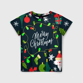 Детская футболка 3D с принтом Merry Christmas в Кировске, 100% гипоаллергенный полиэфир | прямой крой, круглый вырез горловины, длина до линии бедер, чуть спущенное плечо, ткань немного тянется | 2020 | 2021 | new year | гирлянда | дед мороз | елка | зеленый | игрушка | клаус | конфеты | нг | новый год | носок | перчатка | подарок | рождество | с | санта | сладости | снег | снеговик | снежинка | шапка | шары