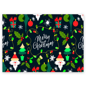Поздравительная открытка с принтом Merry Christmas в Кировске, 100% бумага | плотность бумаги 280 г/м2, матовая, на обратной стороне линовка и место для марки
 | 2020 | 2021 | new year | гирлянда | дед мороз | елка | зеленый | игрушка | клаус | конфеты | нг | новый год | носок | перчатка | подарок | рождество | с | санта | сладости | снег | снеговик | снежинка | шапка | шары