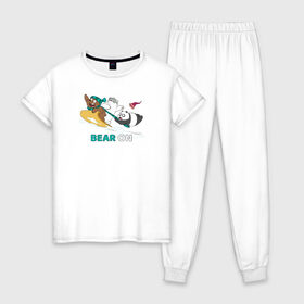 Женская пижама хлопок с принтом Bear on в Кировске, 100% хлопок | брюки и футболка прямого кроя, без карманов, на брюках мягкая резинка на поясе и по низу штанин | cartoon network | grizz | icebear | panda | vdkimel | we bare bears | белый | вся правда о медведях | гризли | панда