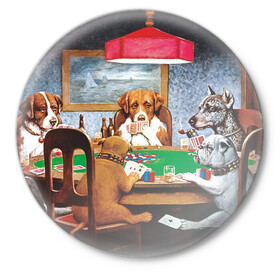 Значок с принтом Собаки играют в покер в Кировске,  металл | круглая форма, металлическая застежка в виде булавки | Тематика изображения на принте: a friend in need | art | artist | bets | buldog | cards | chips | dogs | gambling | games | memes | picture | poker | азартные игры | бульдог | друг познается в беде | искусство | картина | карты | мемы | покер | сенбернар | собаки | собачки | ставки