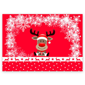 Поздравительная открытка с принтом Олень с подарком в Кировске, 100% бумага | плотность бумаги 280 г/м2, матовая, на обратной стороне линовка и место для марки
 | 2021 | new year | деда мороза | к нам приходит | клауса | костюм | новогодний | новый год | праздник | рождество | рудольф | санты | снег | снежинки | снежок | узор