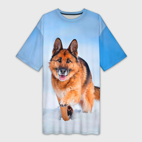 Платье-футболка 3D с принтом Овчарка и снег в Кировске,  |  | dog | животные | зима | овчарка | пес | природа | снег | собака | собаки | собакчка | собачки