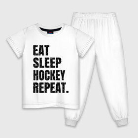 Детская пижама хлопок с принтом EAT SLEEP HOCKEY REPEAT в Кировске, 100% хлопок |  брюки и футболка прямого кроя, без карманов, на брюках мягкая резинка на поясе и по низу штанин
 | Тематика изображения на принте: boston | bruins | capitals | detroit | eat | eat sleep hockey repeat | hockey | nhl | penguins | pittsburgh | red wings | repeat | sleep | washington | вашингтон кэпиталз | нхл | питтсбург пингвинз | хокей | хоккей