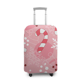 Чехол для чемодана 3D с принтом Новогодний узор на розовом в Кировске, 86% полиэфир, 14% спандекс | двустороннее нанесение принта, прорези для ручек и колес | красный | новый год | розовый | санта | снежинка | узор | шапка