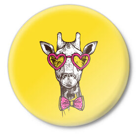 Значок с принтом Жираф в Кировске,  металл | круглая форма, металлическая застежка в виде булавки | бабочка | винтаж | графика | жираф | очки | ретро | рисунок | сердечки | хипстер