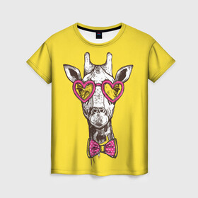 Женская футболка 3D с принтом Жираф в Кировске, 100% полиэфир ( синтетическое хлопкоподобное полотно) | прямой крой, круглый вырез горловины, длина до линии бедер | бабочка | винтаж | графика | жираф | очки | ретро | рисунок | сердечки | хипстер