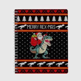 Тетрадь с принтом Merry Rex-mas в Кировске, 100% бумага | 48 листов, плотность листов — 60 г/м2, плотность картонной обложки — 250 г/м2. Листы скреплены сбоку удобной пружинной спиралью. Уголки страниц и обложки скругленные. Цвет линий — светло-серый
 | 2020 | 2021 | christmas | dino | happy | merry | new year | rex | santa | sweater | t rex | ugly christmas | динозавр | зима | новогодний | новогодняя | новый год | рождественский | рождественский свитер | рождество | санта | свитер | снег
