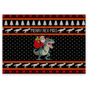 Поздравительная открытка с принтом Merry Rex-mas в Кировске, 100% бумага | плотность бумаги 280 г/м2, матовая, на обратной стороне линовка и место для марки
 | Тематика изображения на принте: 2020 | 2021 | christmas | dino | happy | merry | new year | rex | santa | sweater | t rex | ugly christmas | динозавр | зима | новогодний | новогодняя | новый год | рождественский | рождественский свитер | рождество | санта | свитер | снег