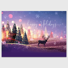Поздравительная открытка с принтом Счастливых праздников в Кировске, 100% бумага | плотность бумаги 280 г/м2, матовая, на обратной стороне линовка и место для марки
 | christmas | deer | holiday | landscape | new year | snow | trees | winter | елки | зима | новый год | олень | пейзаж | праздник | рождество | снег