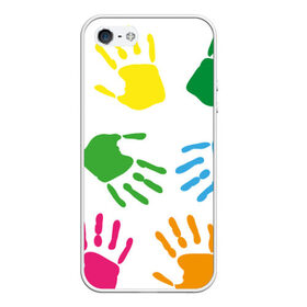 Чехол для iPhone 5/5S матовый с принтом Цветные ладошки - Детский узор в Кировске, Силикон | Область печати: задняя сторона чехла, без боковых панелей | дети | детский | краска | ладошки | пальцы | радуга | ребенок | руки | след | узор
