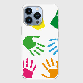 Чехол для iPhone 13 Pro с принтом Цветные ладошки   Детский узор в Кировске,  |  | дети | детский | краска | ладошки | пальцы | радуга | ребенок | руки | след | узор