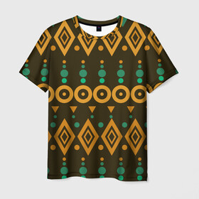 Мужская футболка 3D с принтом Геометрический этнический узор в Кировске, 100% полиэфир | прямой крой, круглый вырез горловины, длина до линии бедер | геометрия | коричневый | кружочки | народный | оранжевый | паттерн | ромбы | треугольники | узор | этнический