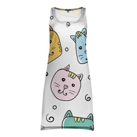 Платье-майка 3D с принтом Узор - Смешные котики в Кировске, 100% полиэстер | полуприлегающий силуэт, широкие бретели, круглый вырез горловины, удлиненный подол сзади. | детский | кот | котики | кошка | нарисованный | прикольные | смайлы | узор