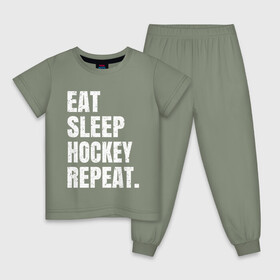 Детская пижама хлопок с принтом EAT SLEEP HOCKEY REPEAT в Кировске, 100% хлопок |  брюки и футболка прямого кроя, без карманов, на брюках мягкая резинка на поясе и по низу штанин
 | Тематика изображения на принте: boston | bruins | capitals | detroit | eat | eat sleep hockey repeat | hockey | nhl | penguins | pittsburgh | red wings | repeat | sleep | washington | вашингтон кэпиталз | нхл | питтсбург пингвинз | хокей | хоккей