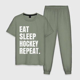 Мужская пижама хлопок с принтом EAT SLEEP HOCKEY REPEAT в Кировске, 100% хлопок | брюки и футболка прямого кроя, без карманов, на брюках мягкая резинка на поясе и по низу штанин
 | Тематика изображения на принте: boston | bruins | capitals | detroit | eat | eat sleep hockey repeat | hockey | nhl | penguins | pittsburgh | red wings | repeat | sleep | washington | вашингтон кэпиталз | нхл | питтсбург пингвинз | хокей | хоккей