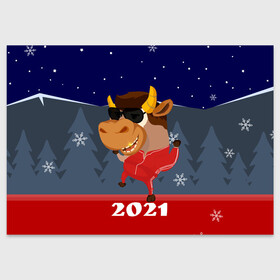 Поздравительная открытка с принтом Бычара 2021 в Кировске, 100% бумага | плотность бумаги 280 г/м2, матовая, на обратной стороне линовка и место для марки
 | Тематика изображения на принте: 2021 | 7 января | bull | newyear | santa | бык | быки | бычок | год быка | дед мороз | корова | новогодние каникулы | новогодние праздники | новый 2021 | новый год | новый год 2021 | рождество | сани | санта | санта клаус