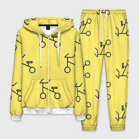 Мужской костюм 3D с принтом Велосипеды на желтом в Кировске, 100% полиэстер | Манжеты и пояс оформлены тканевой резинкой, двухслойный капюшон со шнурком для регулировки, карманы спереди | велик | велосипед | велоспрот | желтый | кататься | летний | паттерн | покатушки | спорт | узор