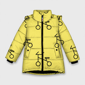 Зимняя куртка для девочек 3D с принтом Велосипеды на желтом в Кировске, ткань верха — 100% полиэстер; подклад — 100% полиэстер, утеплитель — 100% полиэстер. | длина ниже бедра, удлиненная спинка, воротник стойка и отстегивающийся капюшон. Есть боковые карманы с листочкой на кнопках, утяжки по низу изделия и внутренний карман на молнии. 

Предусмотрены светоотражающий принт на спинке, радужный светоотражающий элемент на пуллере молнии и на резинке для утяжки. | велик | велосипед | велоспрот | желтый | кататься | летний | паттерн | покатушки | спорт | узор